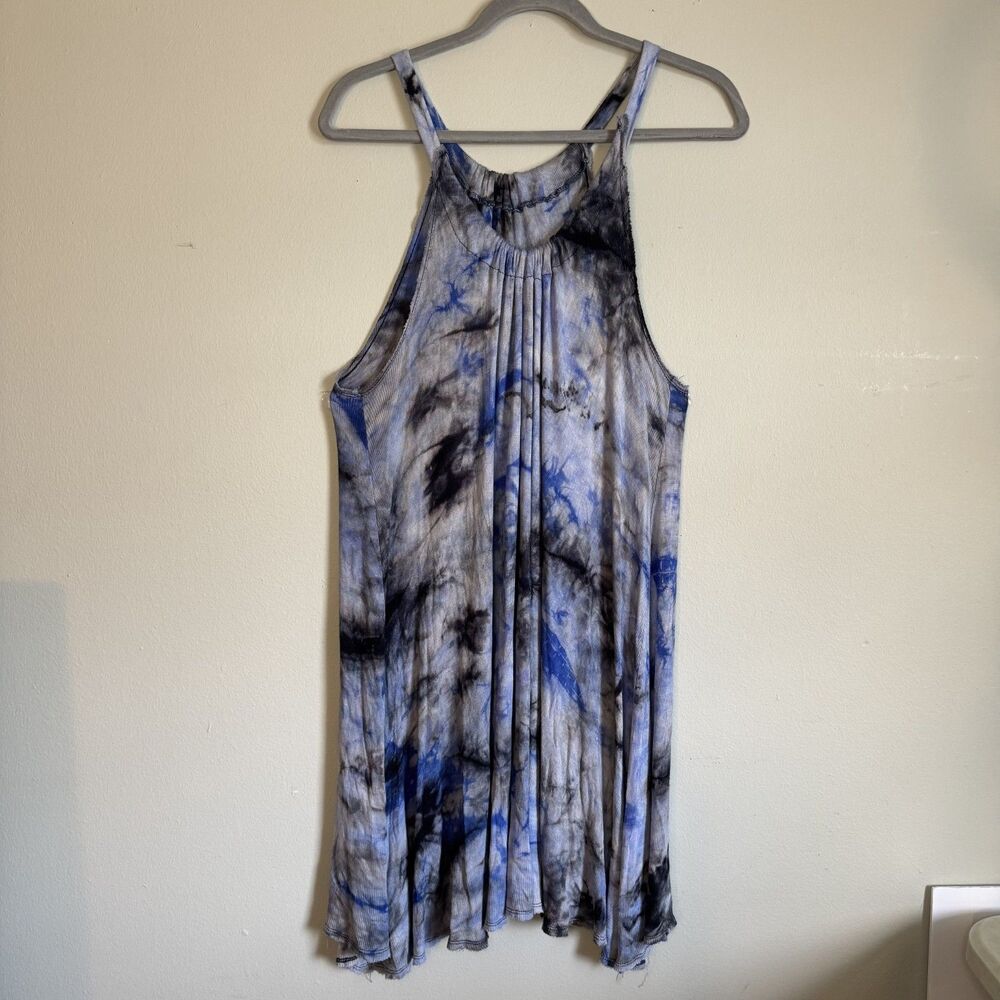 Addie Tie Dye Ombre Gauzy Blue Black Sleeveless Swing Mini Dress Small Stretchy